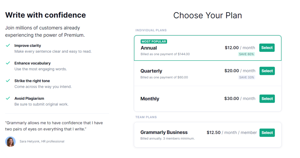 Grammarly Pricing Plans