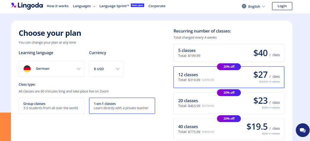 Lingoda Pricing Plans