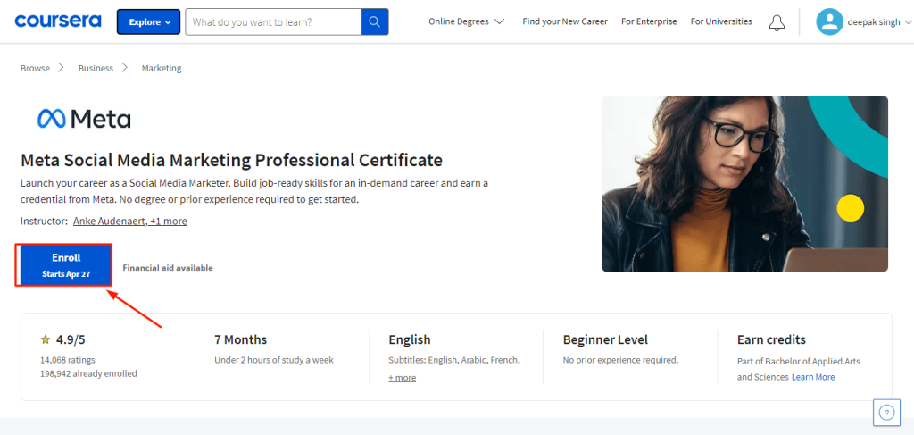  Coursera- Click on Enrooll now