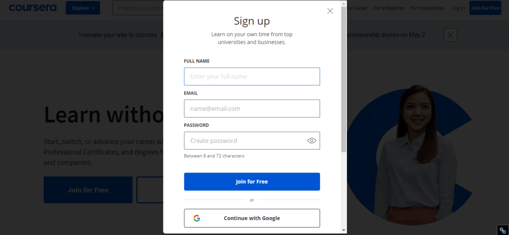  Coursera- Create an account