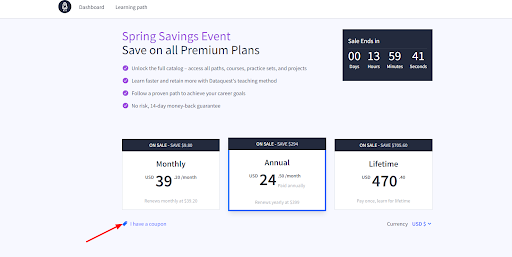 Dataquest- Pricing page