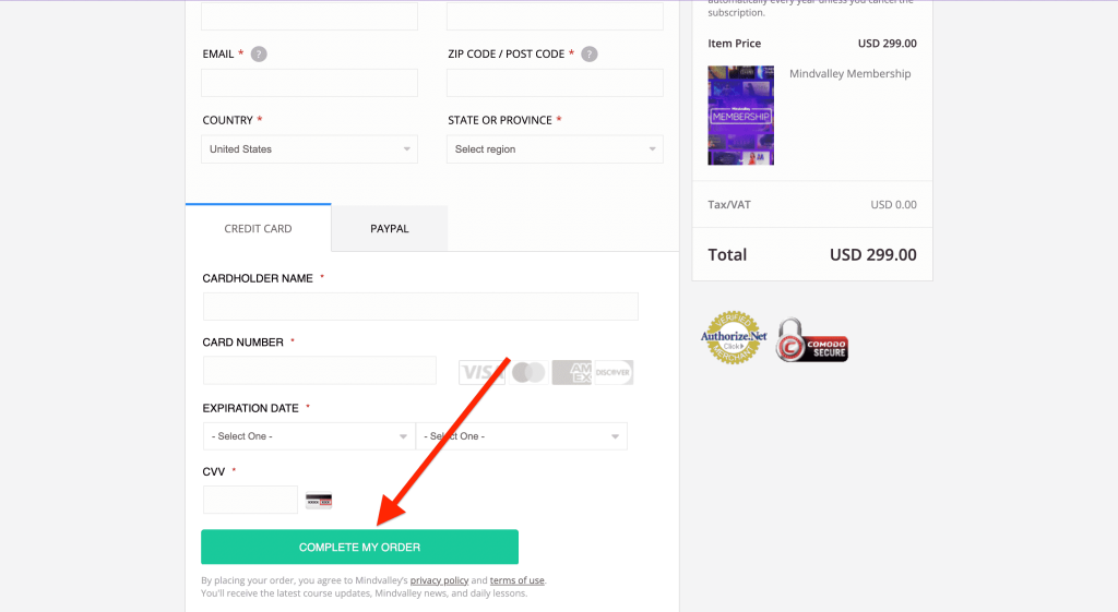 Mindvalley Checkout page