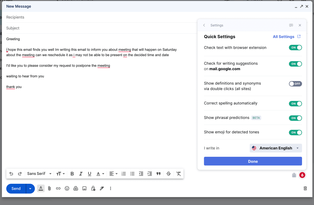 Grammarly for Gmail settings